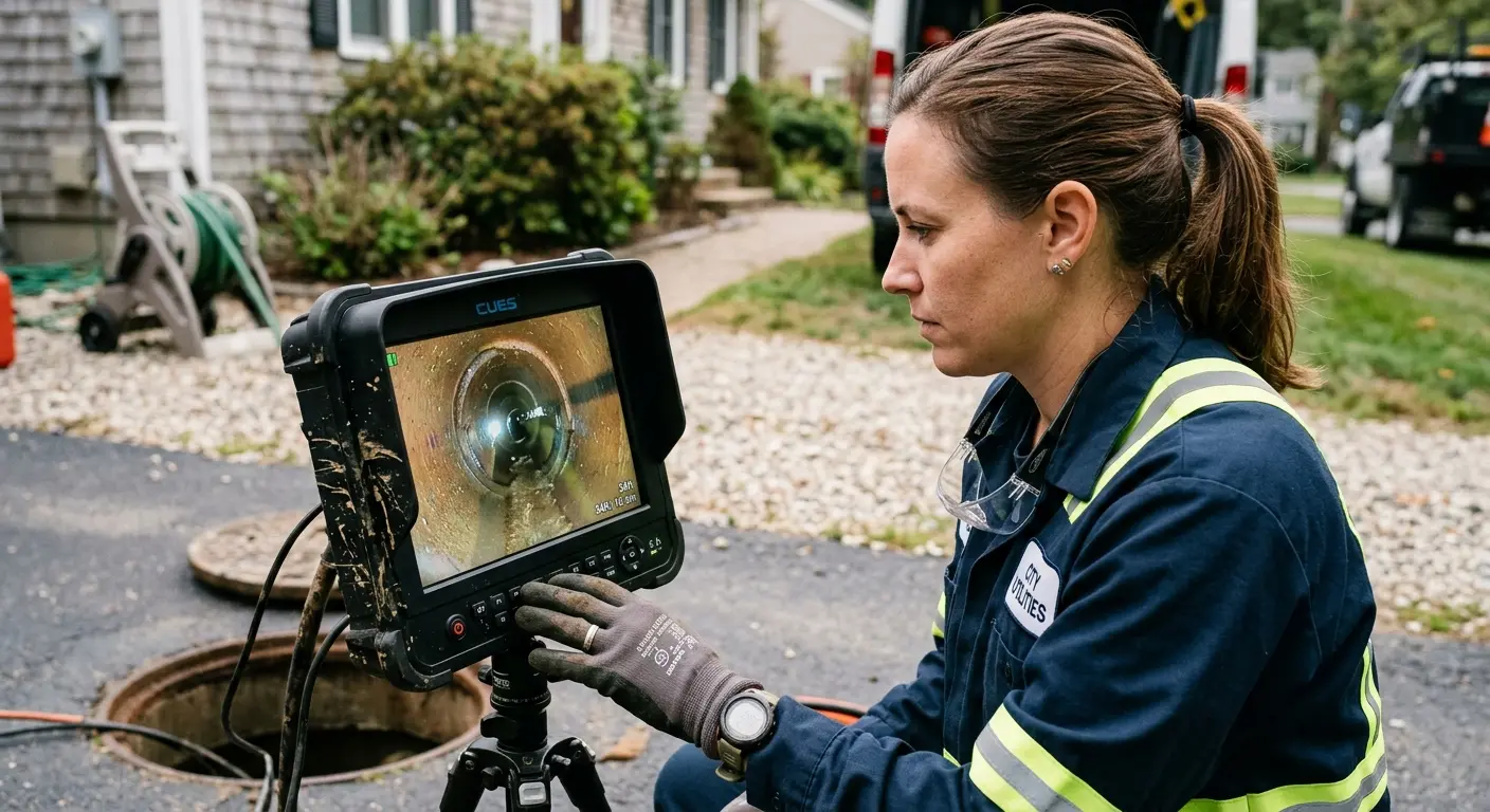 Technician reviewing sewer camera inspection footage in Gresham