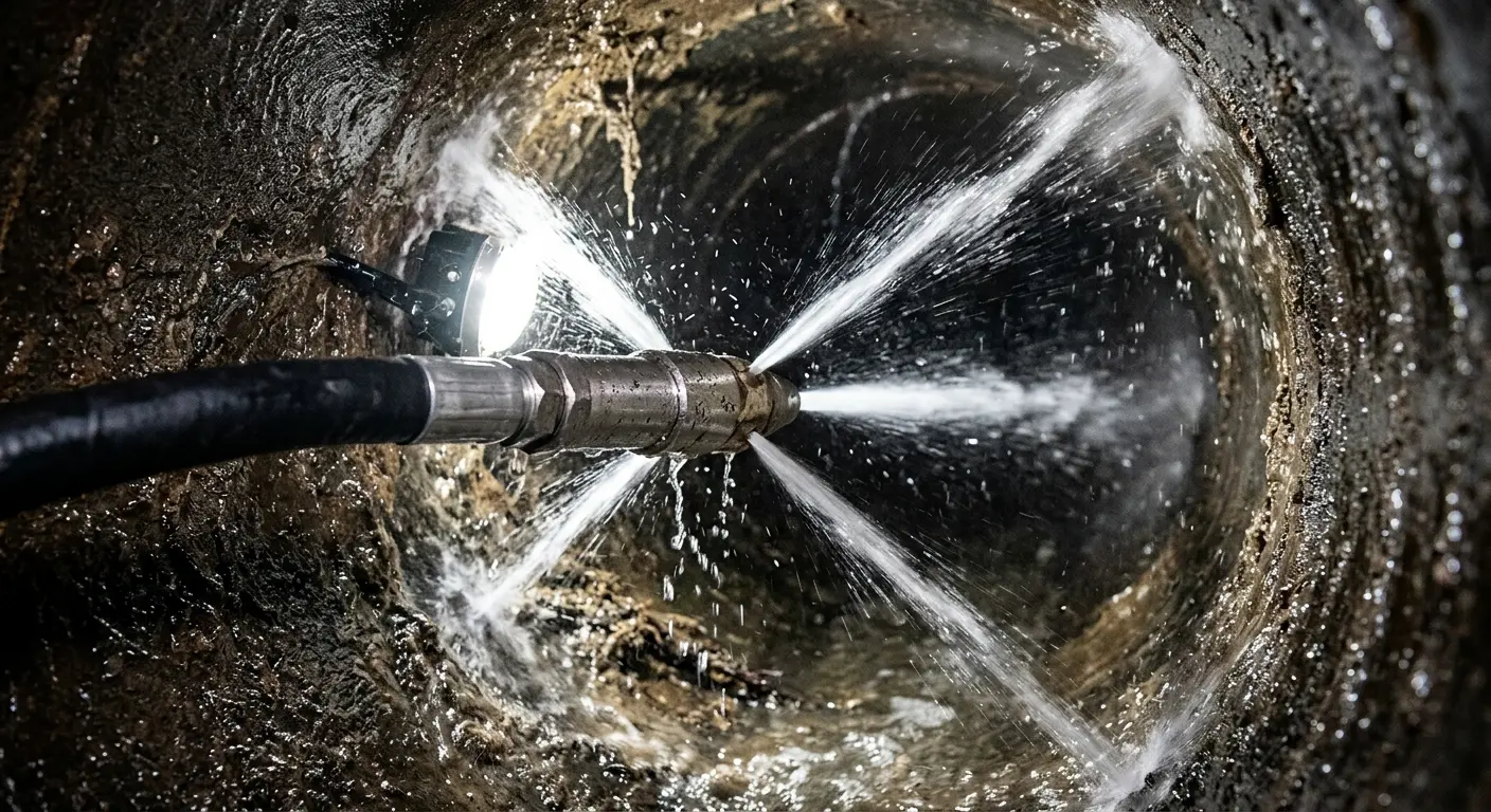 High-pressure hydro jetting nozzle cleaning sewer pipe for Emergency Drain Service in Gresham