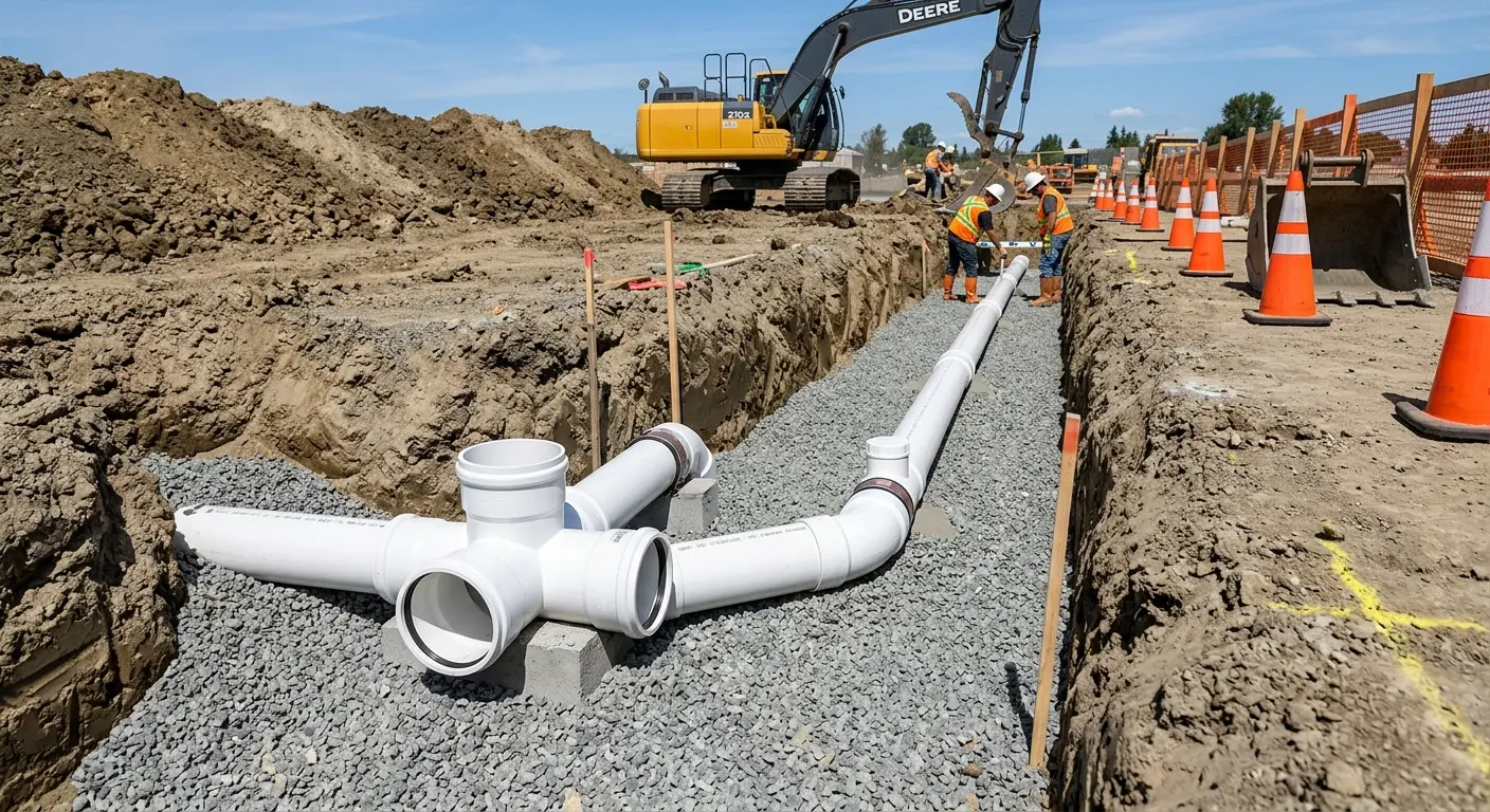 New PVC sewer pipe installation in open trench for Sewer Backup in Gresham