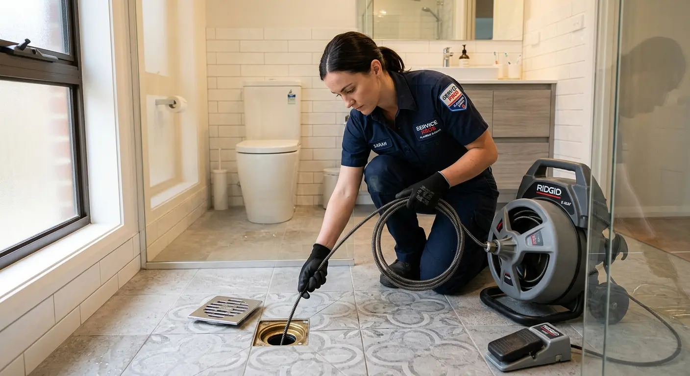 Technician clearing a bathroom floor drain for Sewer Line Installation in Gresham